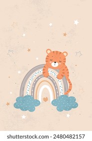 Cute little tiger cub sleeping on a rainbow in a cloud and stars. Baby for posters, fabric prints and baby cards. Vector