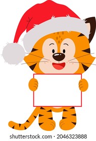 A Cute, Little Tiger Cub Stands With A Sign For The Text . Happy Chinese New Year 2022 Festive Design With Cartoon Funny Tiger Cub Face On A White Background. The Year Of The Tiger.