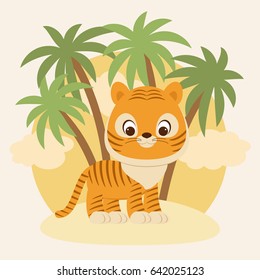 Cute little tiger cub staying on sand in front of palm trees. Vector cartoon illustration