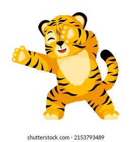 Cute little Tiger dabbing character isolated. Happy club cartoon striped tiger dancing. Vector design for print, children decor, book illustration. Funny animals sticker for showing emotion.