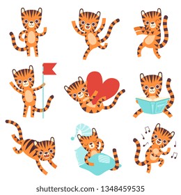 Cute Little Tiger in Different Situations Set, Funny Adorable Wild Animal Cartoon Character Vector Illustration