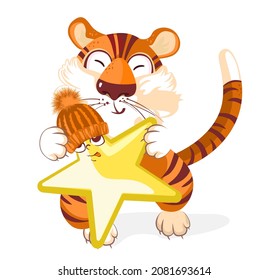 Cute Little Tiger in Different Situations. Adorable Wild Animal Cartoon Character. Happy Chinese new year greeting card. 2022 Tiger zodiac.Vector Illustration For children, decor, banner, emblem, patt