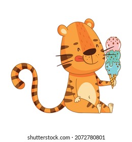 Cute Little Tiger Eating Ice Cream. Happy Adorable Baby Animal Character Cartoon Vector Illustration