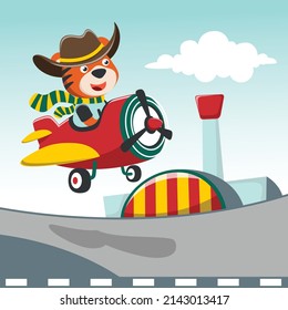 Cute little tiger flying on a airplane. Vector childish background for fabric textile, nursery wallpaper, card, poster and other decoration. Vector illustration.