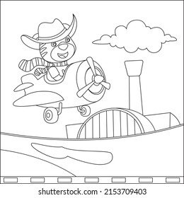 Cute little tiger flying on a air plane.  Cartoon isolated vector illustration, Creative vector Childish design for kids activity colouring book or page.