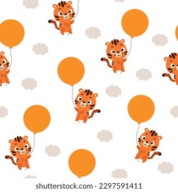 Cute little tiger flying on balloon seamless childish pattern. Funny cartoon animal character for fabric, wrapping, textile, wallpaper, apparel. Vector illustration