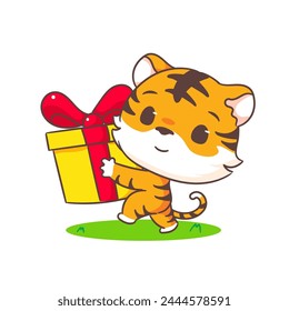 Cute little tiger with gift box cartoon character. Adorable animal concept design. Vector art illustration