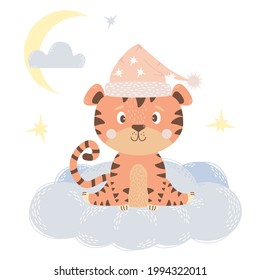 Cute little tiger girl in a pink night cap sits on a cloud in the sky with stars and the moon. Vector illustration. Baby animal concept for nursery, design, decoration, postcards and prints