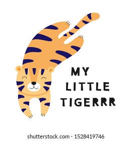 Cute little tiger hand drawn. Print for t-shirt, poster, postcard. Vector illustration for kids. 