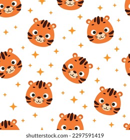 Cute little tiger head seamless childish pattern. Funny cartoon animal character for fabric, wrapping, textile, wallpaper, apparel. Vector illustration