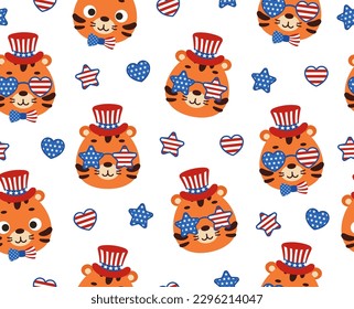 Cute little tiger head in USA patriotic hat seamless childish pattern. Funny cartoon animal character for fabric, wrapping, textile, wallpaper, apparel. Vector illustration