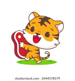 Cute little tiger holding meat cartoon character. Adorable animal concept design. Vector art illustration