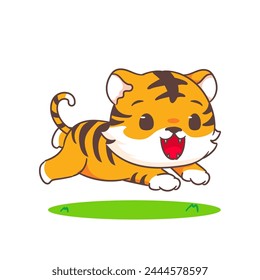 Cute little tiger jumping cartoon character. Adorable animal concept design. Vector art illustration