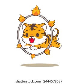 Cute little tiger jumping through fire ring cartoon character. Adorable animal concept design. Vector art illustration