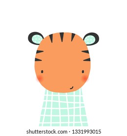 Cute little tiger. Kids simple graphic. Vector hand drawn illustration.