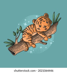 cute little tiger lazy time illustration vector grunge