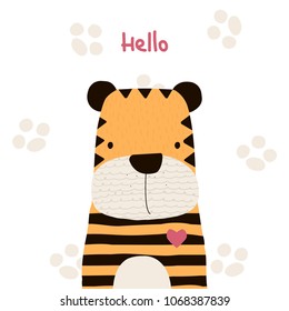 Cute little tiger with lettering. Vector hand drawn illustration.