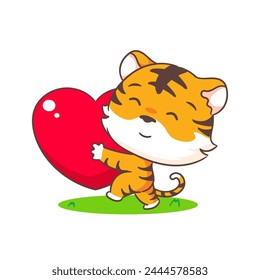 Cute little tiger with love heart cartoon character. Adorable animal concept design. Vector art illustration