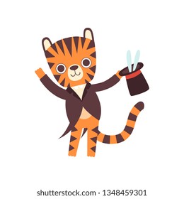 Cute Little Tiger Magician Performing his Trick with Rabbit Appearing from Magic Top Hat, Adorable Wild Animal Cartoon Character Vector Illustration