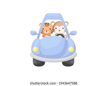 Cute little tiger and monkey driving blue car. Cartoon character for childrens book, album, baby shower, greeting card, party invitation, house interior. Vector stock illustration.