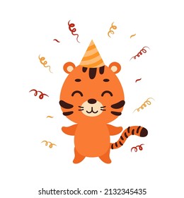 Cute little tiger on birthday hat on white background. Cartoon animal character for kids cards, baby shower, invitation, poster, t-shirt composition, house interior. Vector stock illustration.