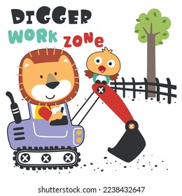Cute little tiger on a blue excavator. Can be used for t-shirt print, kids wear fashion design, print for t-shirts, baby clothes, poster. and other decoration.