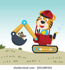 Cute little tiger on a red excavator. Can be used for t-shirt print, kids wear fashion design, print for t-shirts, baby clothes, poster. and other decoration.