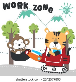 Cute little tiger on a red excavator. Can be used for t-shirt print, kids wear fashion design, print for t-shirts, baby clothes, poster. and other decoration.