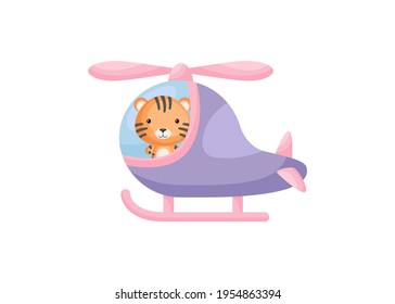 Pequeño piloto tigre en helicóptero violeta. Caricatura para niños libro, álbum, ducha de bebé, tarjeta de saludo, invitación a fiesta, interior de la casa. Ilustración de material vectorial