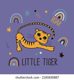 Cute little tiger and rainbow vector design. Colorful flat illustration with cub, stars, dots, and lettering on purple background. 