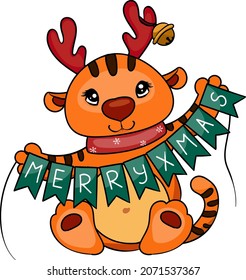 Cute little tiger rides congratulates on Christmas. Christmas character. New year clipart. vector
