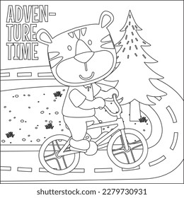 Cute little tiger riding bicycle. Trendy children graphic with line art design hand drawing sketch vector illustration for adult and kids coloring book.