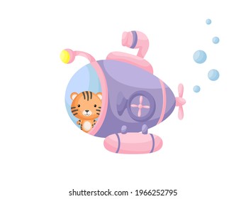 Cute little tiger sail on violet submarine. Cartoon character for childrens book, album, baby shower, greeting card, party invitation, house interior. Vector stock illustration.