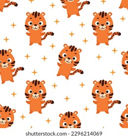 Cute little tiger seamless childish pattern. Funny cartoon animal character for fabric, wrapping, textile, wallpaper, apparel. Vector illustration