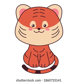 Cute little tiger sitting isolated on a white background. Flat design for poster or t-shirt. Vector illustration