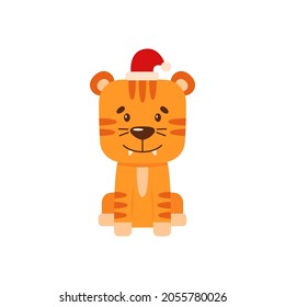 Cute little tiger sitting in a red santa hat. Simple cartoon flat illustration of a wild animal. Character for children. Symbol of the new year 2022.