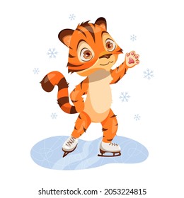 Cute little tiger is skating on white background. Symbol of new year 2022. Chinese New Year of the tiger.