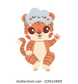 Cute little tiger in sleeping mask cloud shape kids vector illustration