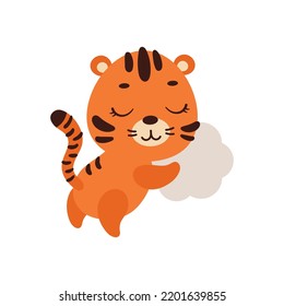 Cute little tiger sleeping on cloud. Cartoon animal character for kids t-shirt, nursery decoration, baby shower, greeting cards, invitations, house interior. Vector stock illustration