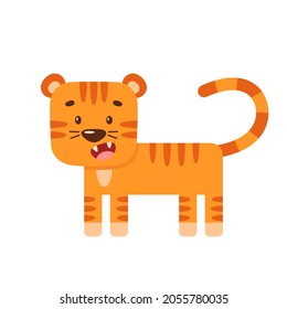 Cute little tiger stands and shows teeth. Simple cartoon flat illustration with wild animal for nursery poster design. Symbol of the new year 2022. Cool character for a baby.