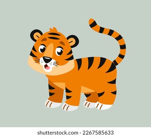 Cute little tiger. Sticker with beautiful red tiger cub. Small wild animal from savannah or jungle. Design element for print, postcards or covers. Cartoon flat vector illustration