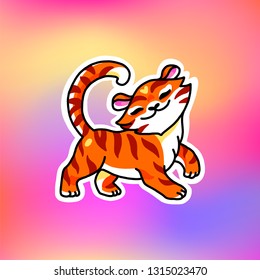 Cute little tiger sticker. Isolated on holographic gradient background.
