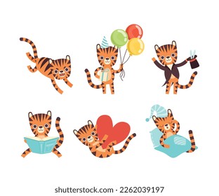Cute Little Tiger with Striped Coat Engaged in Different Activity Vector Set