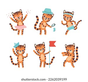 Cute Little Tiger with Striped Coat Engaged in Different Activity Vector Set