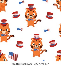 Cute little tiger in USA patriotic hat seamless childish pattern. Funny cartoon animal character for fabric, wrapping, textile, wallpaper, apparel. Vector illustration