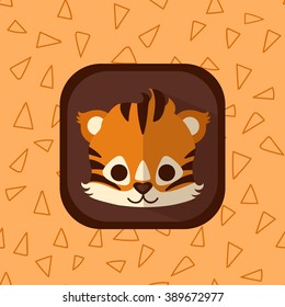 Cute little tiger vector flat icon. Baby mammal safari cat with simple seamless triangle pattern at the background. Perfect for app design, motion graphics and as a design element