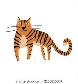 Cute little tiger vector illustration. Funny hand drawn exotic  mammal character. Happy zoo cat animal isolated on white background. Childish t shirt print design male tiger