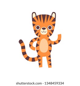 Cute Little Tiger Waving its Paw, Adorable Wild Animal Cartoon Character Vector Illustration