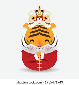 cute Little tiger wear lion dance head greeting and Happy Chinese new year 2022 year of the tiger zodiac, Cartoon vector illustration isolated on white background.