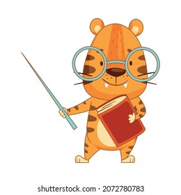 Cute Little Tiger Wearing Glasses Holding Pointer And Book. Adorable Baby Animal Teacher Character Cartoon Vector Illustration